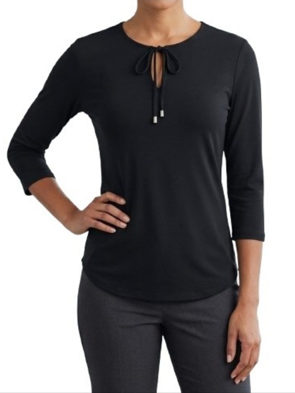 Liz Claiborne Black Blouse NWT Tie-Neck 3/4 Sleeves Stretch Classic Solid